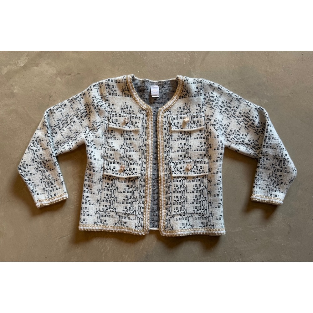 Northern Angel‎ Cardigan Cream Black Eyelash Knit Thick Gold Trim Lady
